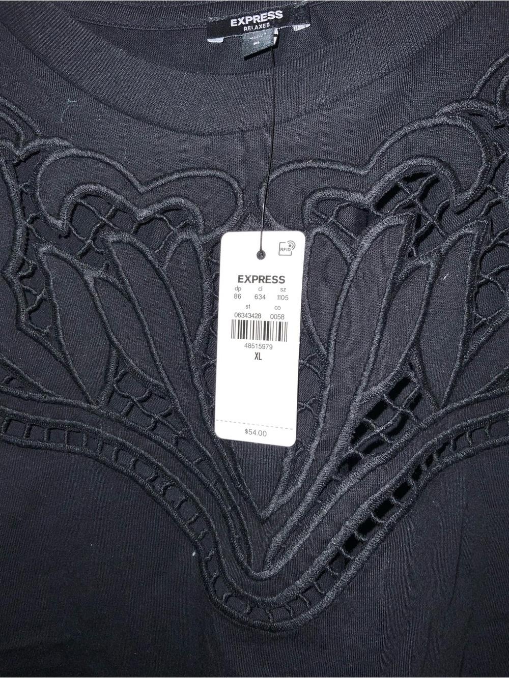 Express Black Short Sleeve Top with Cutout Lace Yoke - Picture 2 of 3